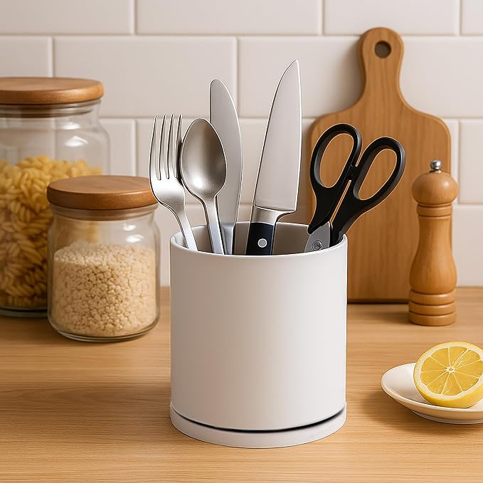 D'vine Dev 360° Rotating Utensil Holder – 5" Kitchen Utensil Crock for Countertop, Modern Cooking Tool Organizer for Kitchen Storage & Décor, Set of 2, Oatmeal, 72-Y-D-1