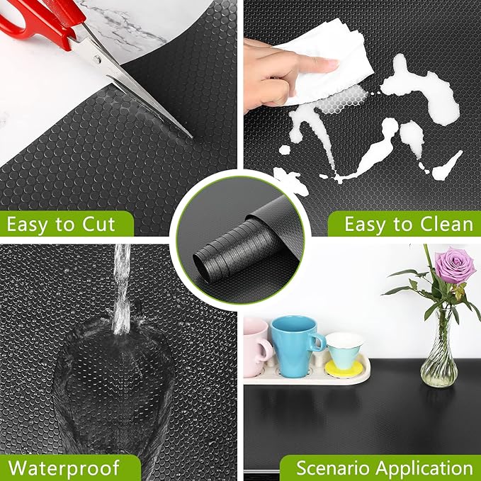 HooTown Shelf Liner Kitchen Cabinet Drawer Mats 17.5 Inch Wide x 32.8 Feet Long, Non Skid EVA Plastic Washable Oil Proof Pad for RV Drawer, Dish Plate Slippery Protection, Black