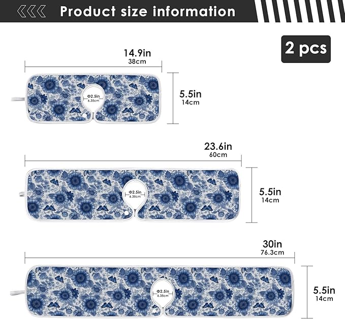 2 PCS Kitchen Sink Splash Guard 14.9 Inch Faucet Mat for Kitchen Sink Bathroom Sink Faucet Absorbing Drip Drain Mat Pad Microfiber Soft Washable Vintage Beige and Blue Sunflowers Butterflies