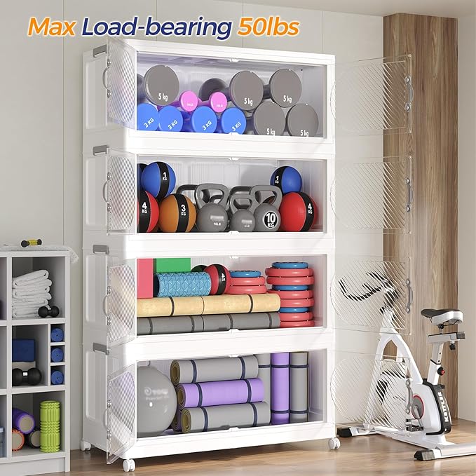 480QT Extra Large Stackable Storage Bins with Lid, 120Gal Plastic Closet Organizers and Storage Drawer, Collapsible Cabinet Box with Wheels Clear Doors for Home Kitchen Office, 4Pack White