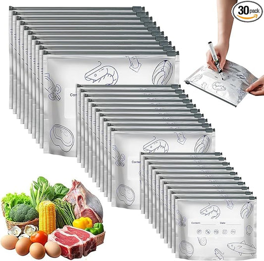 Reusable Aluminum Foil Sealable Storage Bags, 2026 New Resealable Vacuum Zipper Pouches for Food, Stand Up Foil Sealable Bags with Label and Zip Lock for Vegetable Fruit Meat (30PCS,S+M+L)