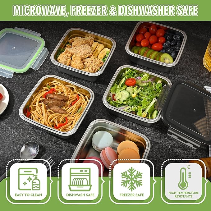 5 Pack Sandwich Containers, 24oz Stainless Steel Sandwich Box with Airtight Lids, Reusable Metal Meal Prep Lunch Boxes, BPA-Free, Dishwasher Safe, Food Storage Containers for Families (Black)