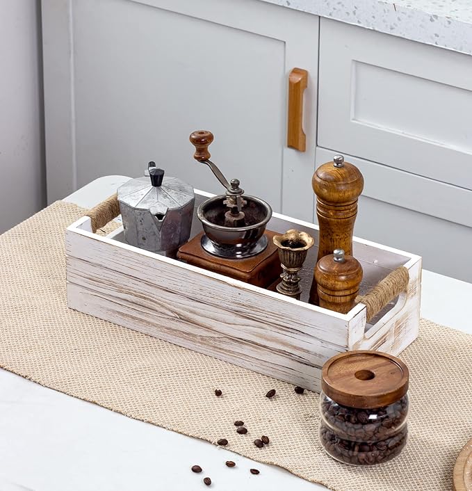 TIMRIS Rustic Wooden Toilet Paper Holder, Farmhouse Bathroom Decor, Toilet Tank Basket, Decorative Storage Container (Whitewash)