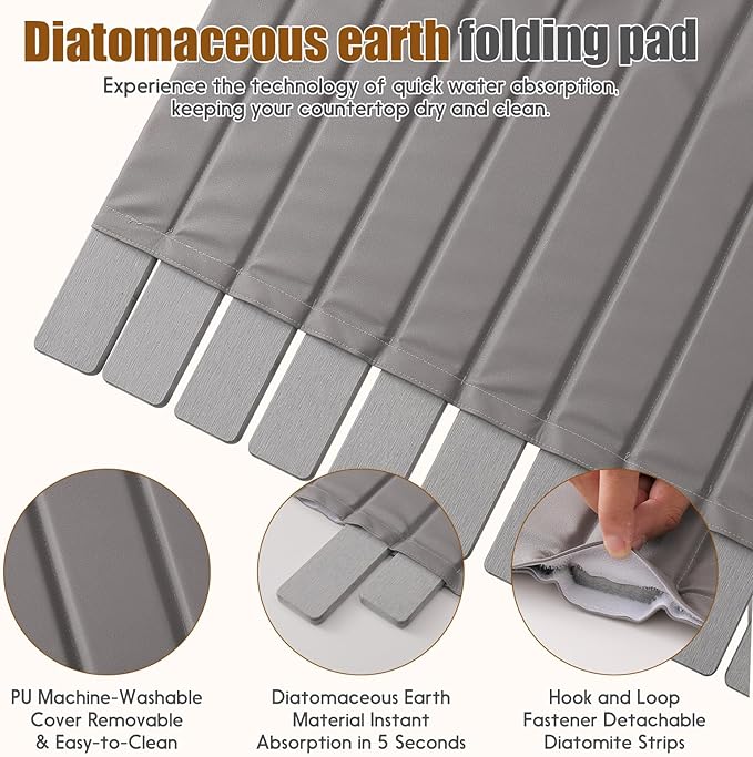 Dish Drying Mat，Stone Drying Mat for Kitchen Counter，Heat Resistant and Super Absorbent Foldable Bath mats,Made of Diatomaceous Earth and Leather.24.8"×15.7" Light Grey