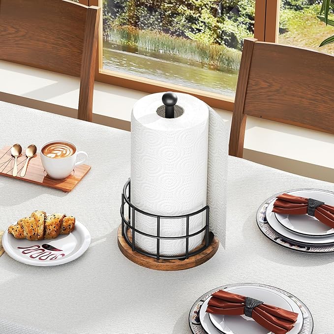 Paper Towel Holder, Kitchen Paper Towel Holder for Countertop, Paper Towel Stand with Wooden Base, Freestanding Kitchen Roll Holder, for Standard Size Rolls, Rustic Brown CJ05BR