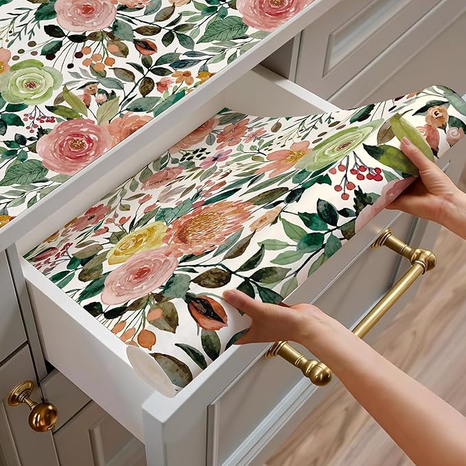 Floral Pattern Self-Adhesive Contact Paper, Oil and Water Resistant Drawer Liner Wallpaper for Dresser, Kitchen Cabinets, Dollhouse Walls, Arts & Crafts Decal (118.1" x 17.3", White Camellia)