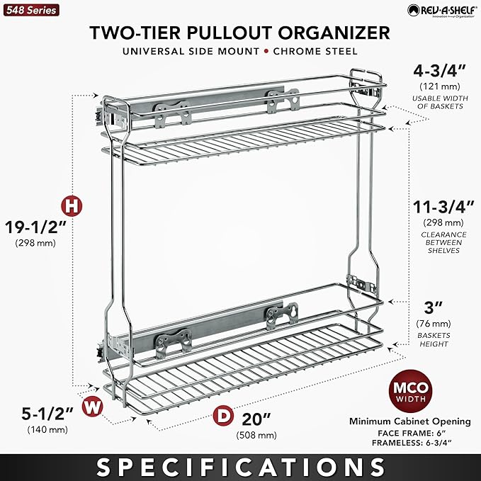 Rev-A-Shelf 18 Inch Pull Out Steel Wire Basket Shelf Storage Shelf Organizer for Kitchen Side Cabinets 2-Tier, Silver, 548-06CR-1