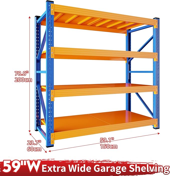 59" W Garage Shelving 3000LBS Garage Shelving Heavy Duty 4-Tier Metal Storage Shelves Adjustable Shelf Unit Storage Rack for Basement Supermarket Warehouse 59" W x 24" D x 78" H Blue-Orange