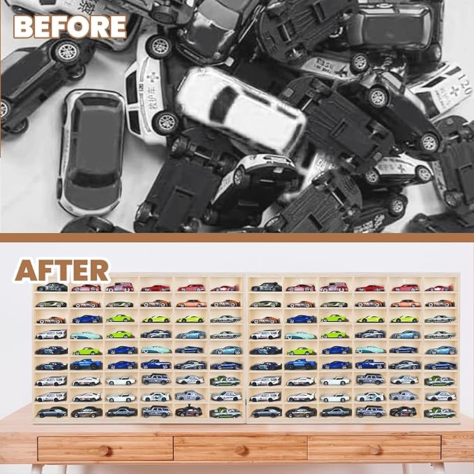1:64 Model Car Wooden Display Case,108 Grids,Storage Display Shelf,for 1/64 Scale Toy Cars,Wall Mount ,Model car Display Organizer,Collapsible Toy Car Storage(Only One Case)
