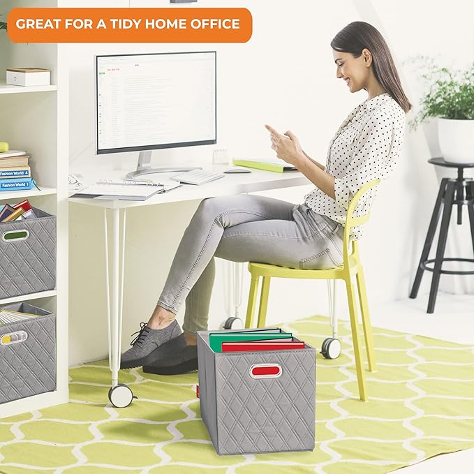 FH Group JIAessentials 11" Faux Leather Foldable Storage Cube Bins Set of 2 – Gray Diamond Patterned Organizers with Handles for Closet & Shelves