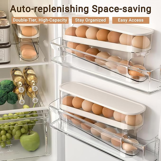 Innovative egg storage box with lid - 12-14 egg holder for fridge, clear egg cartons with auto-roll design, stackable egg rolls container for fresh eggs Large Clear Refrigerator Egg Holder