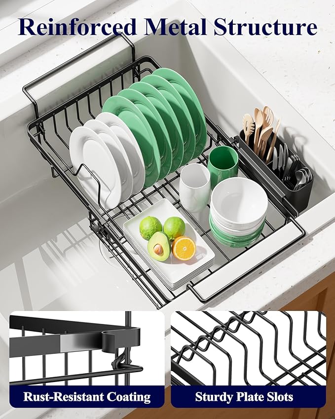 Kitsure Dish Drying Rack – Expandable in-Sink or Over-Sink Dish Rack for Kitchen Counter, Rust-Resistant Metal Dish Strainer with Cutlery Holder, 16.0"-20.7" L x 11.4" W x 5.7" H, Black