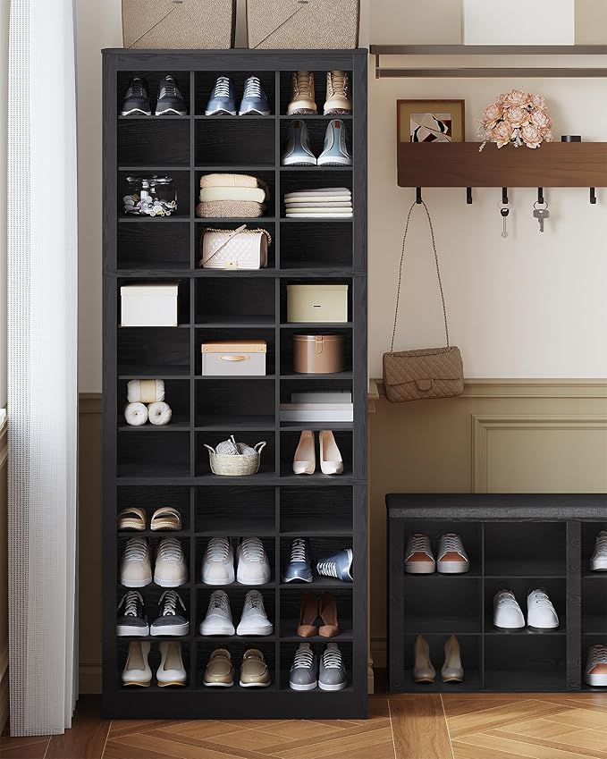 Shoe Storage Cabinet, 36 Pairs Free Standing Closet Organizer, 9 inch Widened Cell Wood Shoe Organizer, 12 Tiers Vertical Space Saving Shoe Rack for Entryway, Cloakroom, Black SR20704X