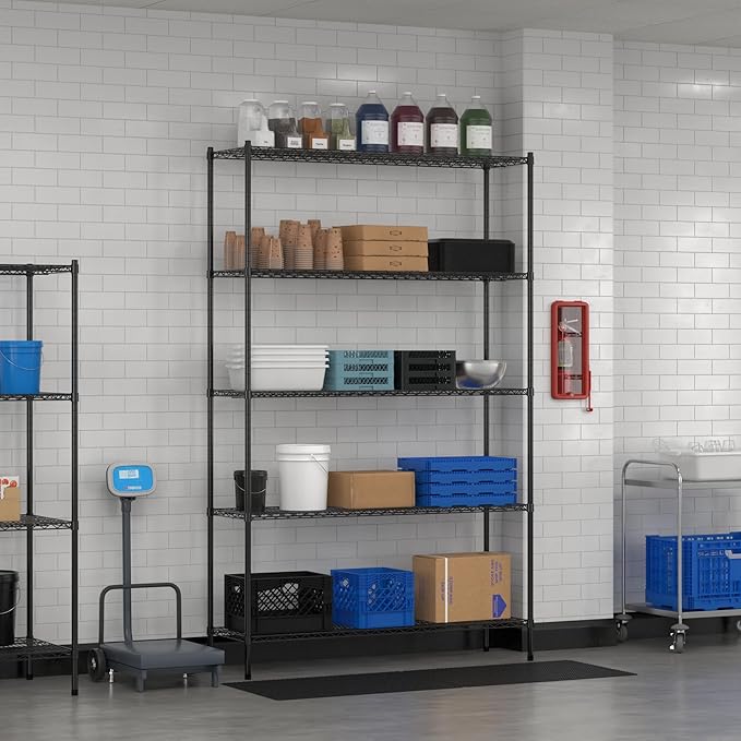 Commercial NSF Listed Black Epoxy Stationary Wire Shelving Kit 18" x 60" x 96", with 5 Shelves Perfect for Warehouse, Walk-in Refrigerator, Freezer, Grocery Store, Restaurant, Dishroom