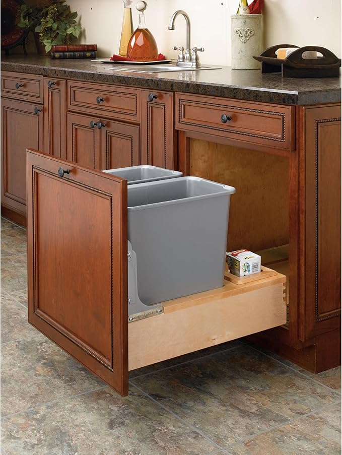 Rev-A-Shelf Double 30-Quart Pullout Under Cabinet Trash Cans with Soft Open & Close Slide System, Metallic Silver, Maple Wood Bottom 4WCBM-2430DM-2