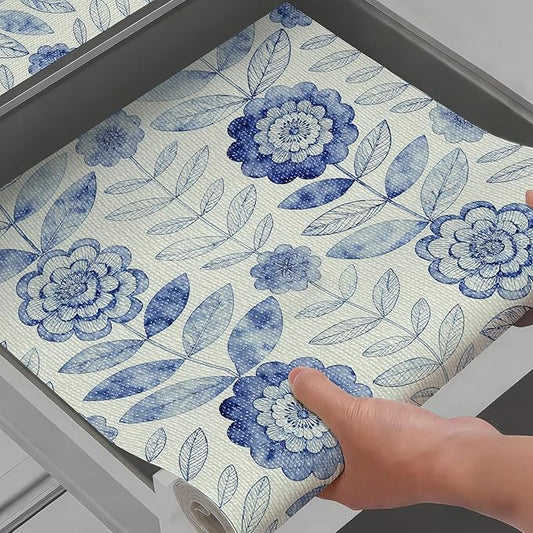 Vuacepe Drawer and Shelf Liner for Kitchen Cabinets Non-Adhesive Strong Grip Floral Shelf Liner Non-Slip Waterproof Blue Flower Drawer Liner for Cupboard Shelves Easy to Clean Cabinet Liner 12IN×10FT