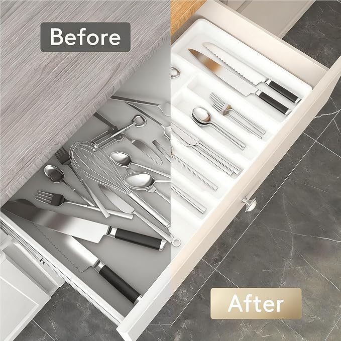 Expandable Large Silverware Tray For Drawer Organizer, Kitchen Cooking Utensil Drawer Organizer For Spoons Forks Knives, Adjustable Cutlery Flatware Holder 13"-22.4" X 14.7" X 2" (White)