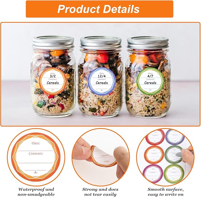 180PCS Removable Mason Jar Lid Labels, Multicolor Labels for Jars Spice Jar Labels 1.57" for Food Containers Spice Jars Kitchen Organization