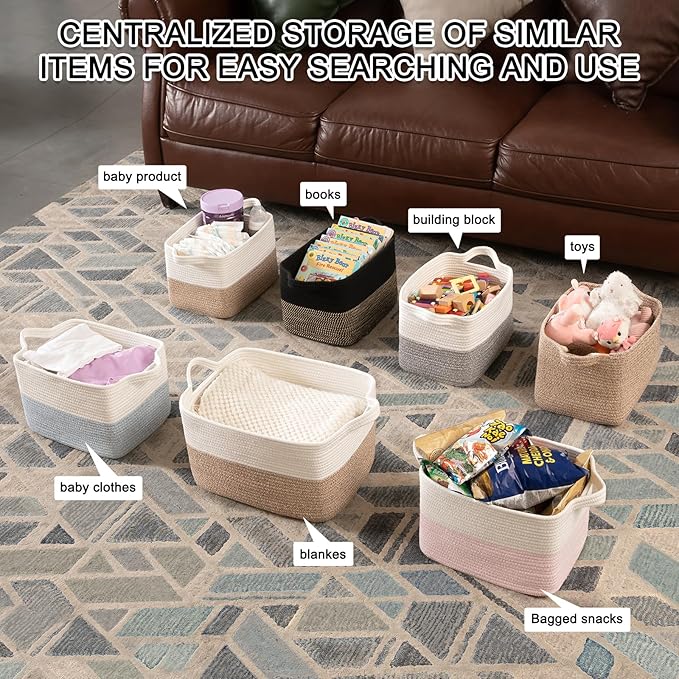 OIAHOMY Woven Storage Basket for Shelves, Rectangle Cotton Rope Baskets for Organizing, 16 x 12 x 10 in, Storage Bins for Dog Toys,Towel,Books,Gift,Black and Brown