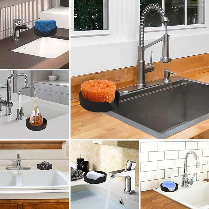 Self Draining Soap Dish, Silicone Soap Holder with Suction Cup and Drain Spout, Kitchen Bathroom Sink Organizer, Dish Soap Bar Tray Savers Sponge Holder, Perfect for Dispenser, Scrubber, Bottle, Cup