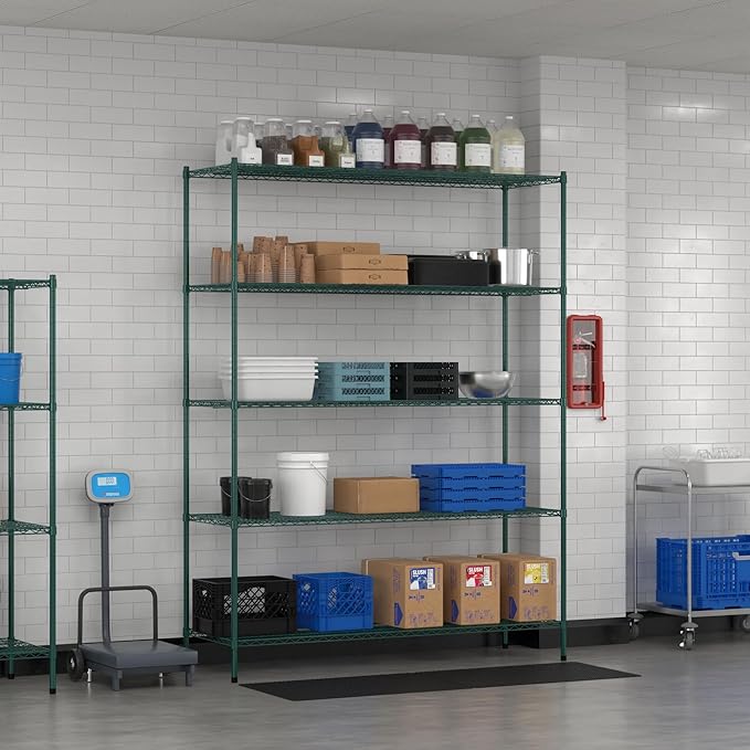 Commercial NSF Listed Green Epoxy Stationary Wire Shelving Kit 24" x 72" x 96", with 5 Shelves Perfect for Warehouse, Walk-in Refrigerator, Freezer, Grocery Store, Restaurant, Dishroom