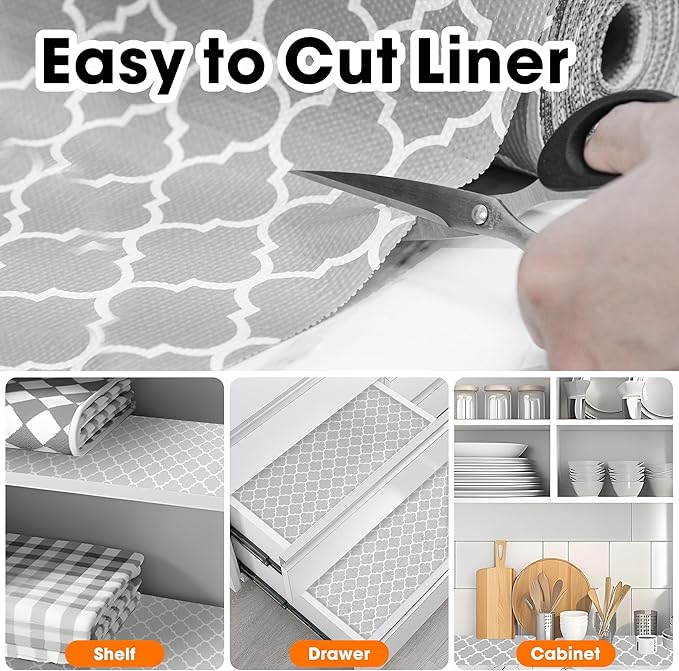 Gopas Drawer and Shelf Liner for Kitchen Cabinets Non-Adhesive, Non-Slip Cabinet Liner Shelf Paper Strong Grip Waterproof Easy to Clean for Kitchen Shelves Cupboard, Gray Lantern,17.5IN X 10FT