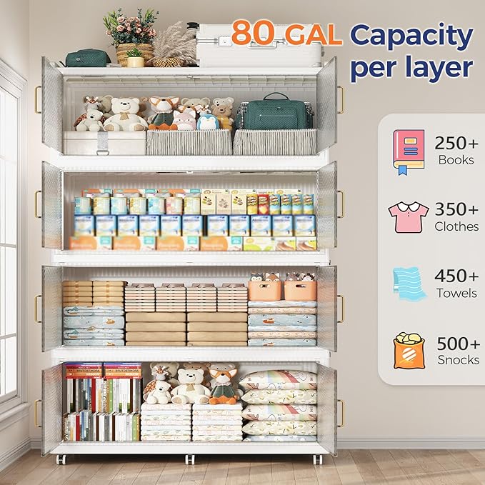 QAVABIN 320GAL Extra Large Storage Bins with Lid, 1280QT Collapsible Organizer with Wheels, Stackable Closet Cabinet with Doors, Folding Storage Containers for Home, Office, Kitchen, 4Pack White