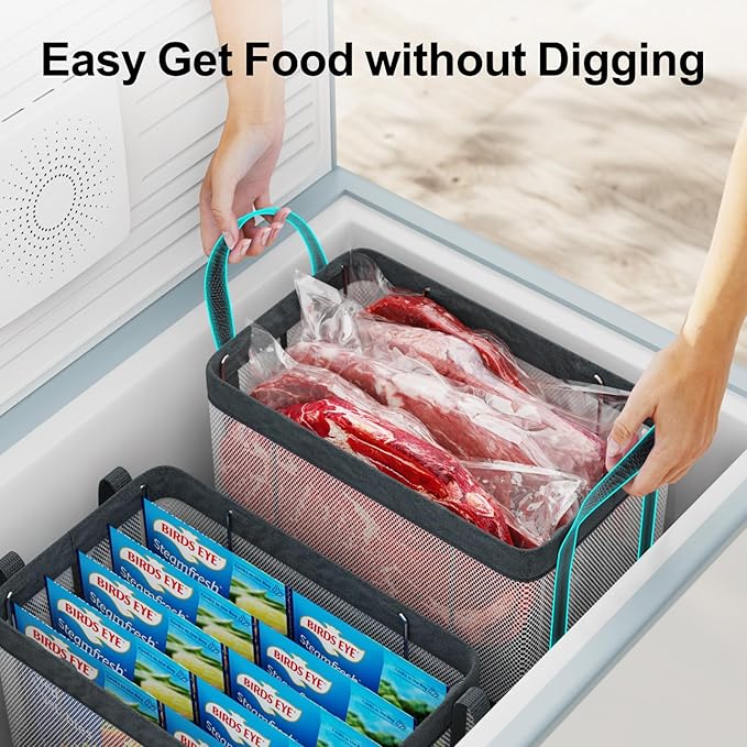 iSPECLE Freezer Organizer Bins, 3 Pack 15" Large Stackable Deep Freezer Organizer Bins for 5 to 7 Cu.Ft Chest Freezer, Sturdy Fabric & Stainless Steel for Meat & Vegetables, Easy Access, White