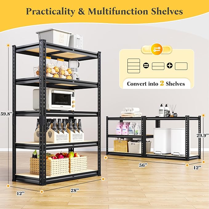REIBII Storage Shelves 5 Tier Garage Shelving Heavy Duty Metal Shelving 2020LBS Adjustable Metal Shelf 59.8" H Pantry Shelf for Garage Pantry Closet Kitchen Basement 28" W x 12" D x 59.8" H, 2 Pack
