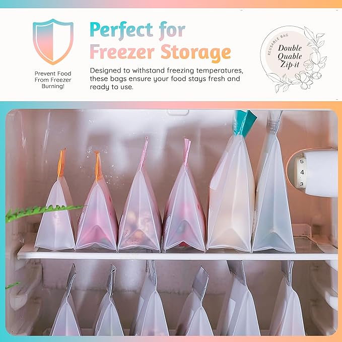 Reusable Food Storage Bags – 14-Pack Stand-Up, BPA-Free, Freezer, Dishwasher Safe & Eco-Friendly – 3 L, 8 M, 3 S Bags – Airtight Leakproof, Sandwich, Snack, and Meal Prep Baggies (Multicolor)