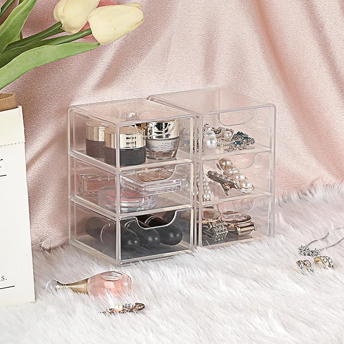 BTSKY 2 Pack Small Acrylic Storage Organizer with Drawers, 3-Layer Clear Desktop Organizer for Office Supplies Mini Storage Box with Drawers for Desk, Desktop Makeup Drawer Jewelry Storage Box