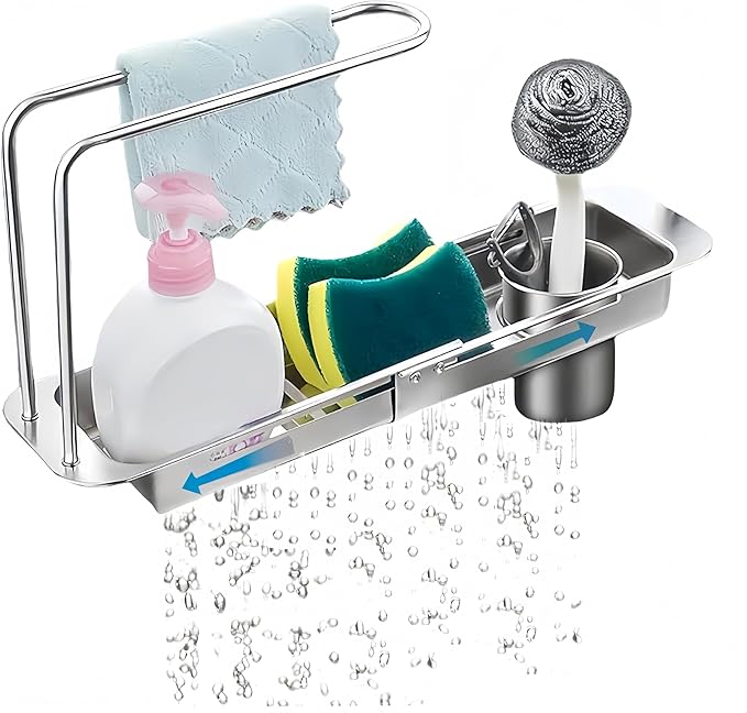 Stainless Steel Telescopic Over Sink Organizer Rack for Kitchen-Expandable Over The Sink Shelf, Adjustable Sponge Holder Organizer, Kitchen Sink Organizers Inside Sink for Sponge Rack