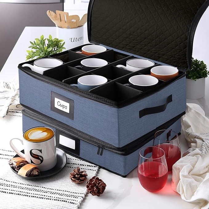 Hearth & Harbor Coffee Mug Storage, Quilted and Stackable Coffee Cup Storage Organizer for Service of 12, Mug Storage Box with Dividers, China Containers Hard Shell for Moving and Organization, Blue