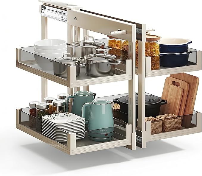 Blind Corner Cabinet Pull Out, Kitchen Corner Cabinet Organizer, 2 Tier 4 Basket Corner Optimizer, Left & Right Open Compatible, Kitchen Storage Shelf White For28.7 InteriorWidth