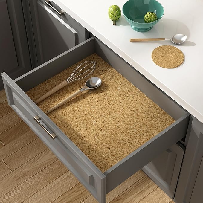 Decotalk Adhesive Cork Shelf Liner Cork Drawer Liner Peel and Stick 12x78 Inch Corks Liners for Drawers and Cabinets Corks Contact Paper Self Adhesive Corklining for Kitchen Cabinets Corkboard Vinyl