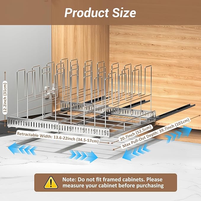 Housolution Pull Out Stainless Steel Baking Tray and Cookie Sheet Organizer, 13"-22" Width Expandable Cutting Board Holder with 8 Adjustable Dividers, 20" Deep Bakeware Rack for Cabinet, Silver