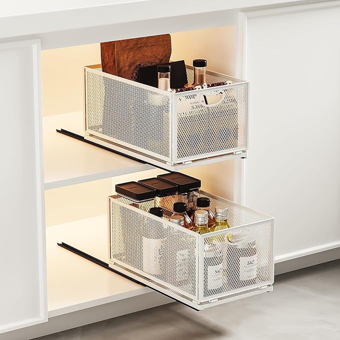 2 Pack Pull Out Cabinet Drawer,Metal Mesh Slide Out Shelves Organizer,Frameless Cabinets Suitable,Simple Housewares Pull Out Cabinet Sliding Basket (15.7" D*9.6" W*8.4" H)