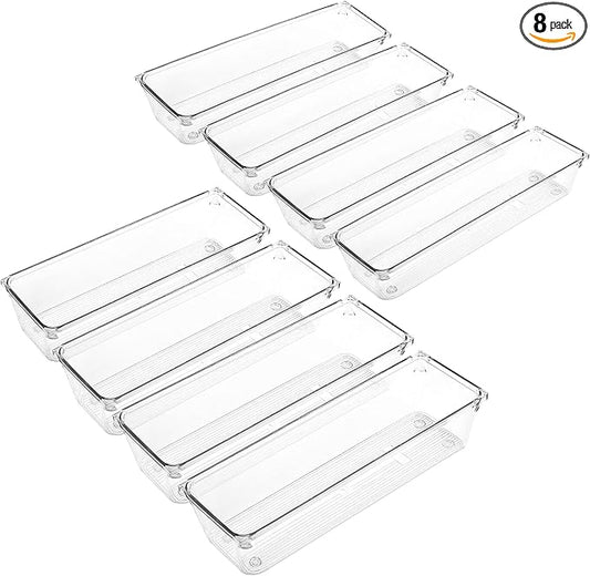 LotFancy 8 Pack Clear Plastic Drawer Organizers, Food Grade Storage Trays, Non-Slip Storage Bins for Kitchen Utensil, Silverware Cutlery, Bathroom, Office Desk, Makeup, Jewelry, 9.2''×3''×2''