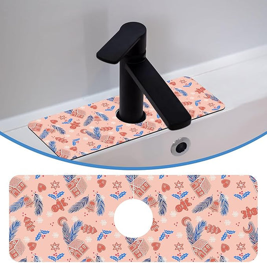 Faucet Mat Splash Guard Christmas Gingerbread Man Feather Bell, Soft Diatom Mud Material, Strong Water Absorption, Non-slip,Easy to Clean for Bathroom, Kitchen 15"X5.5"