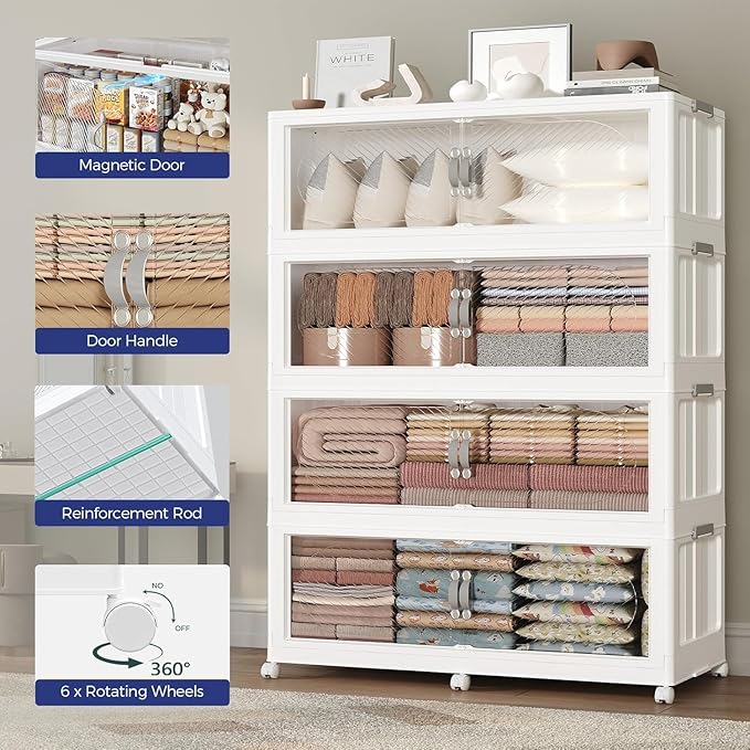 300Gal/1200QT 5-Tiers Extra Large Stackable Storage Bins with Lid, Collapsible Cabinet Closet Organizer Plastic Container Box with Wheels Doors Drawers for Office Dorm Kitchen Office, White