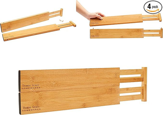 Bamboo Kitchen Drawer Organizer Divider Stackable for Deep Drawers. (Set-of- 4) Spring Loaded Dividers that are Expandable & Adjustable. Kitchen Organizer.