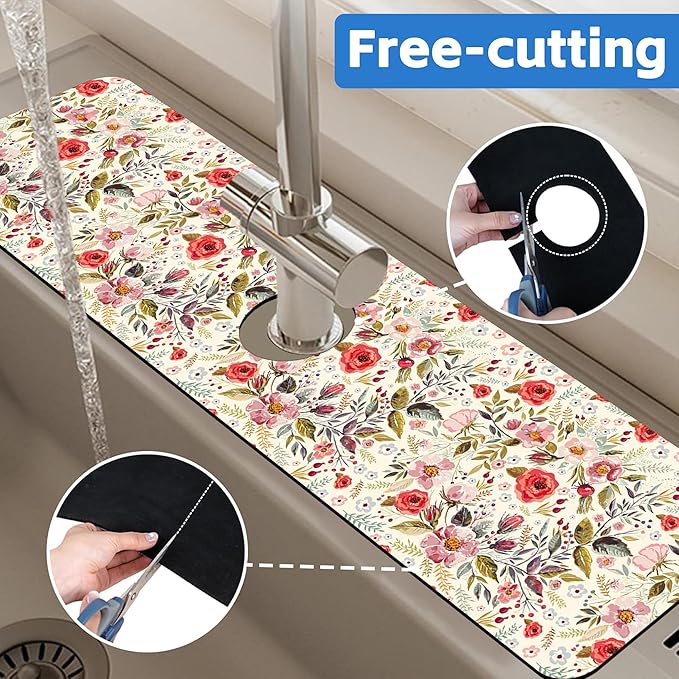 Abstract Red Pink Floral Dish Drying Mat for Kitchen Sink Splash Guard Behind Faucet Sink Mat Absorbent Fast Drying Faucet Draining Mat for Bathroom Kitchen 5.5"×24"