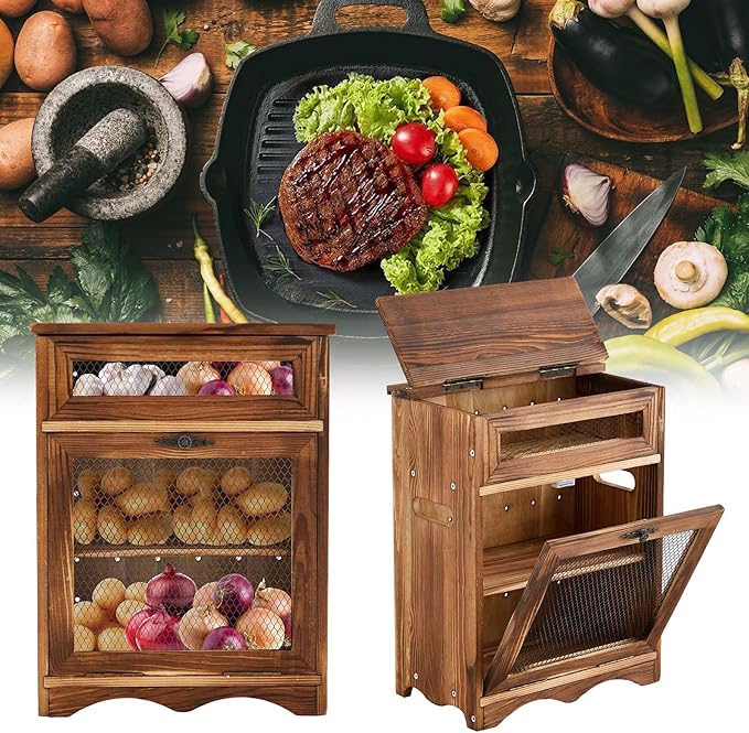 Wooden Countertop Storage Cabinet Potato and Onion Bin Box Wooden Bread Storage Bins Potato Container with Lid for Kitchen Pantry, 11.8 x 6.8 x 16 inch