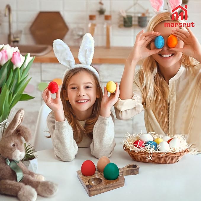 Wood Egg Tray, Wooden Deviled Egg Board Platter Holder, Reversible Display Stackable Organizer, Small Rack Storage Dish Plate for Serving Christmas Charcuterie Fridge Countertop Home Kitchen (4 Holes)