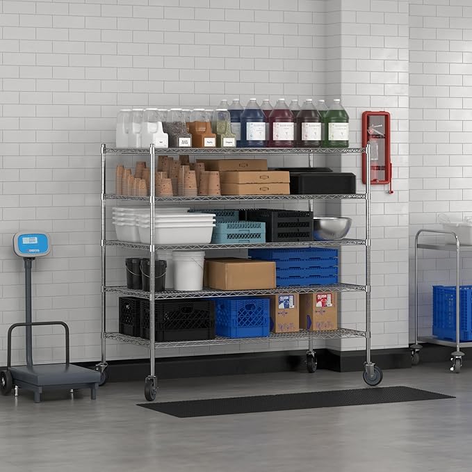 Commercial NSF Listed Chrome Mobile Wire Shelving Kit 30" x 60" x 60", with 5 Shelves Perfect for Warehouse, Walk-in Refrigerator, Freezer, Grocery Store, Restaurant, Dishroom