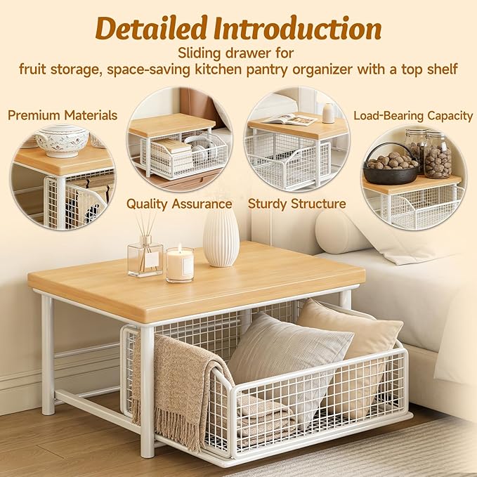 Kitchen Countertop Organizer with Drawer and Wire Basket, 2-Tier Hardwood Shelf for Microwave, Coffee Maker—Sliding Drawer for Fruit Storage, Space-Saving Kitchen Pantry Organizer with Counter Shelf
