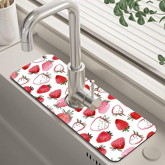 Watercolor Strawberry Kitchen Sink Splash Guard Mat Absorbent Fast Drying Mat Faucet Draining Mat Sink Splash Guard Behind Faucet Drip Catcher for Kitchen Bathroom 5.5"×15"