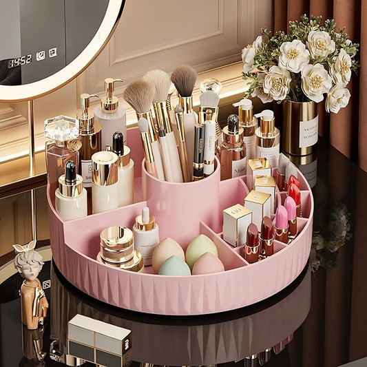 360° Rotate Makeup Organizer, Countertop Skincare Organizer, Large Capacity Multi-Compartment Makeup Brush Lipstick Skincare Organizer, Cosmetic Storage for Dresser Vanity & Bathroom (Pink)