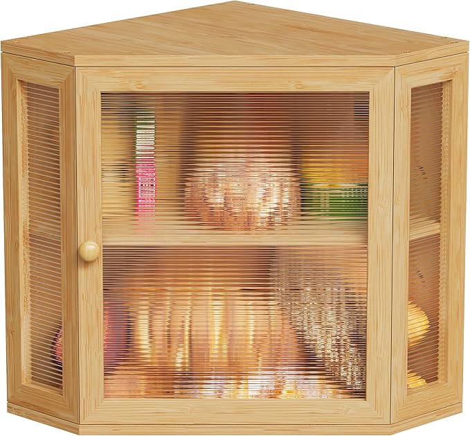 BEWISHOME Bread Box for Kitchen Countertop,Double Layer Bamboo Wood Large Capacity Bread Storage Bin, Bread box with Acrylic Wavy Door Panel(Meduim)