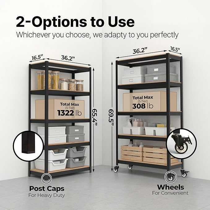 HOMEDANT House 36.2" 5-Tier Metal Rolling Cart Shelf Rack Casters Heavy Duty Laminated Wheel Shelving Unit Adjustable Utility Storage Shelves Shelf Kitchen Garage Black 1Pack